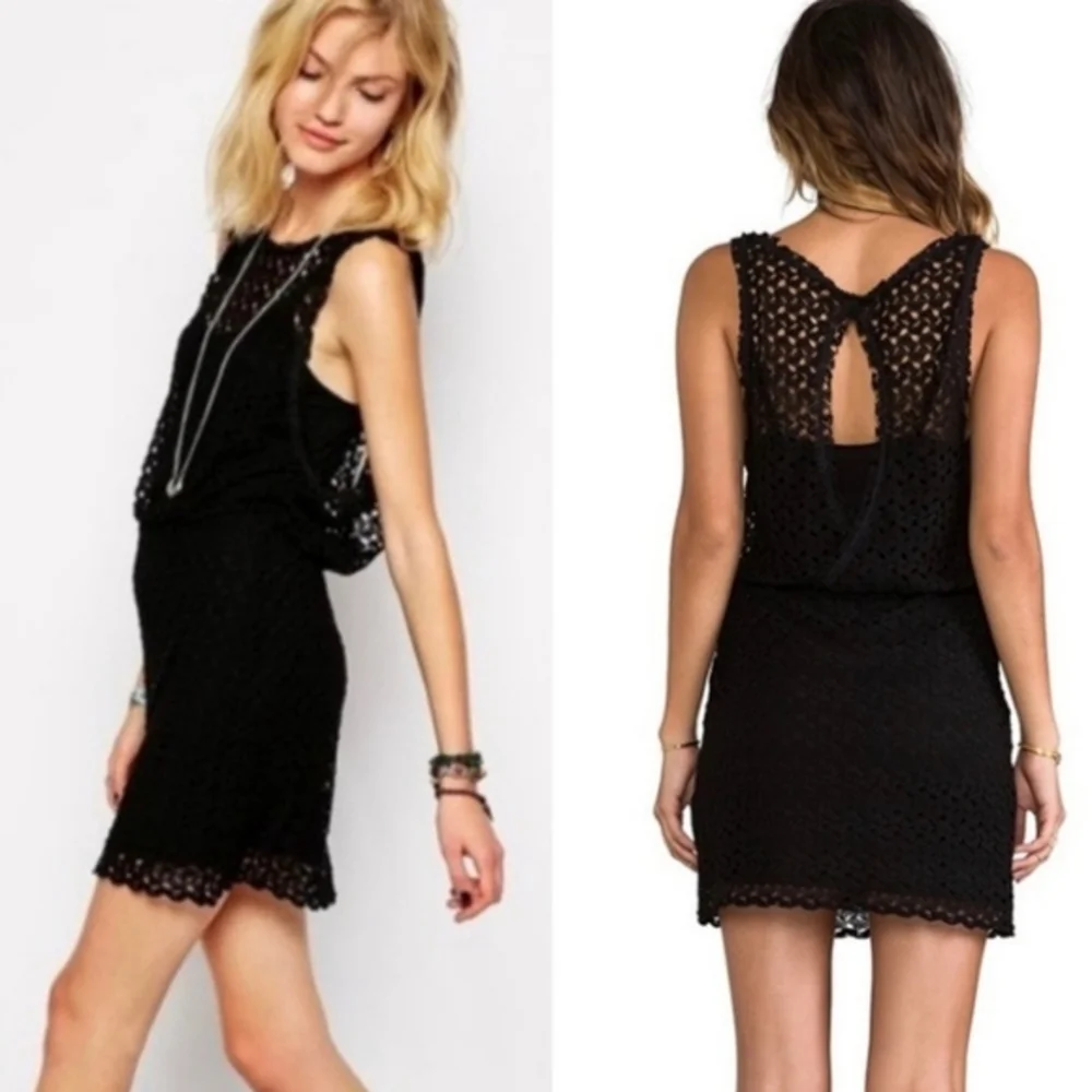 Free People Crochet Dress Size‎ S Black Sleeveless Lined Keyhole Back Womens